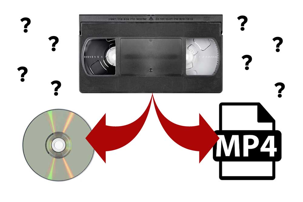 VHS tape, MP4 file, and DVD.